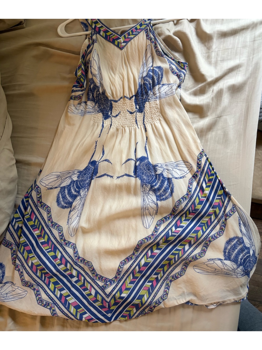 Cream Sundress with Blue Bee Print
